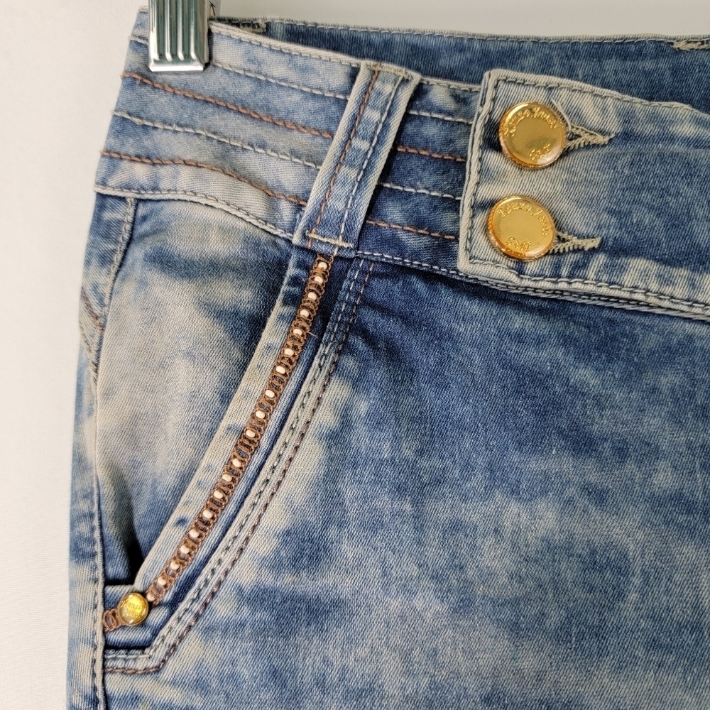Kenzo GOLD DENIM VANY Skinny Mid-Rise Jeans Sz 6 Designer Beaded Gold Button - Picture 6 of 12